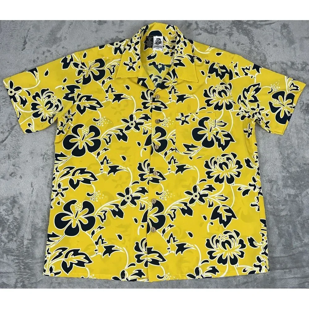 Kennington LTD Mens XL Hawaiian Shirt Yellow/Blue Tropical Floral Vacation *read
